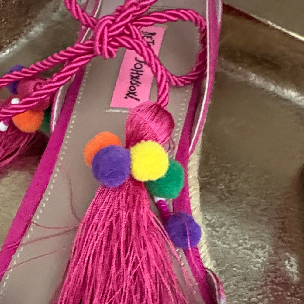 Betsey Johnson Hot Pink Floral Espadrille Wedges with Pom Tassel Ties - Picture 5 of 6
